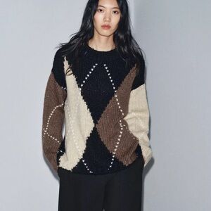 Zara Black Cream Brown Argyle Knit Sweater